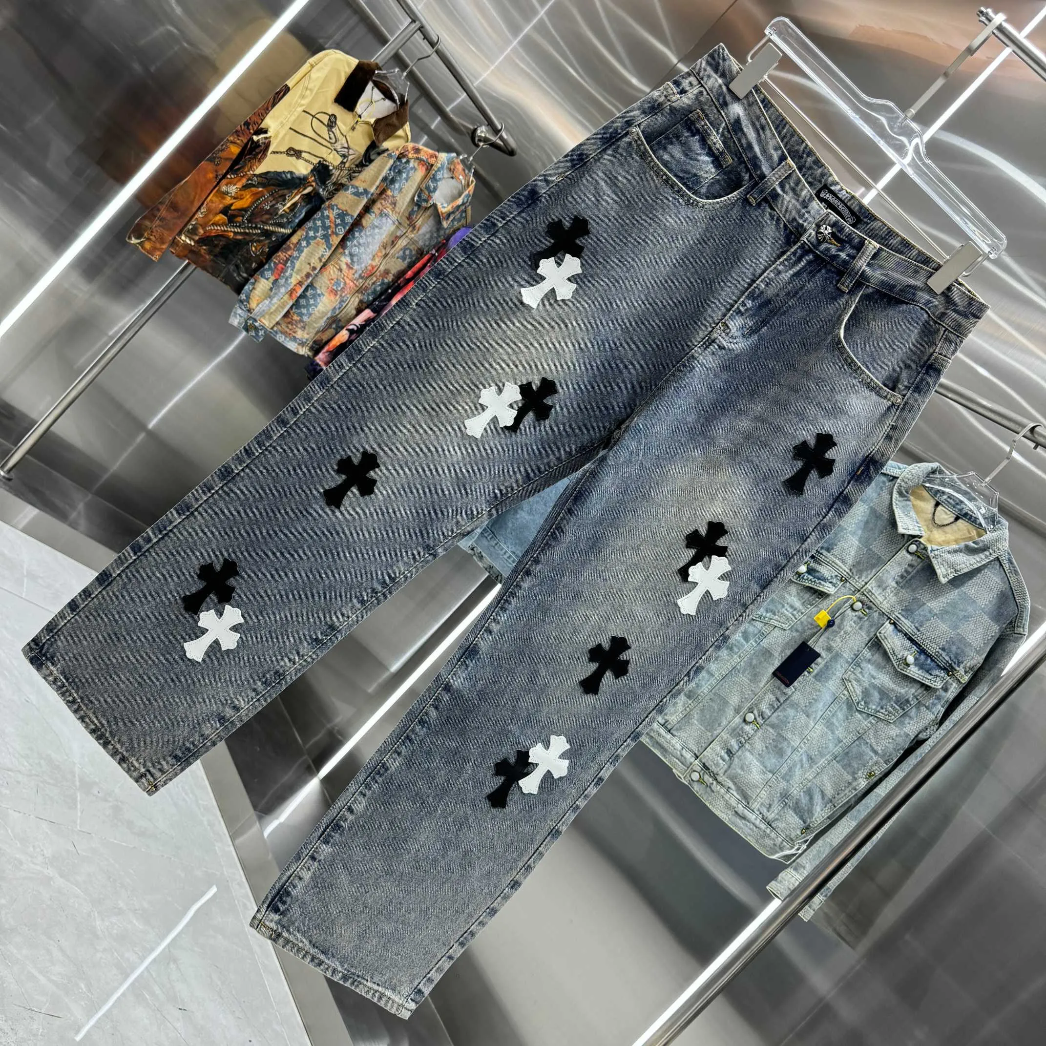 🅿️270 Crow Heart Cross logo + printed logo jeans 2025 latest product, original goods, washed casual jeans, imported original washed stretch fabric, comfortable and elastic, original hardware accessories decorated with logo, super correct version, extremely high grade, counter quality, fashionable and stylish upper body. The printing adopts imported foam printing, customized buttons, YKK zippers. The complete set of accessories is customized by molding. Color: blue Size: S-XXL 28 30 32 34 36 code